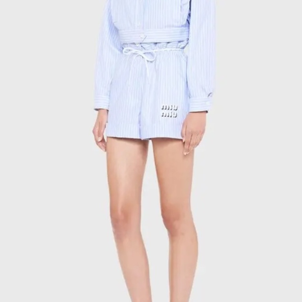 Miu Miu Light Blue Pinstripe High-Waist Shorts